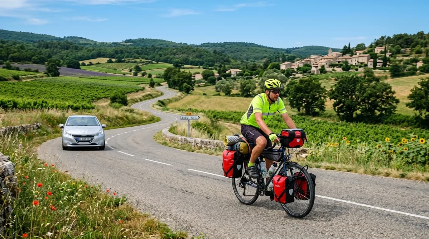 A realistic photo of a fully loaded touring bike ridden by a cyclist wearing bright visible clothing, navigating a beautiful, winding French country road on a sunny day. Clear blue sky, safe distance
