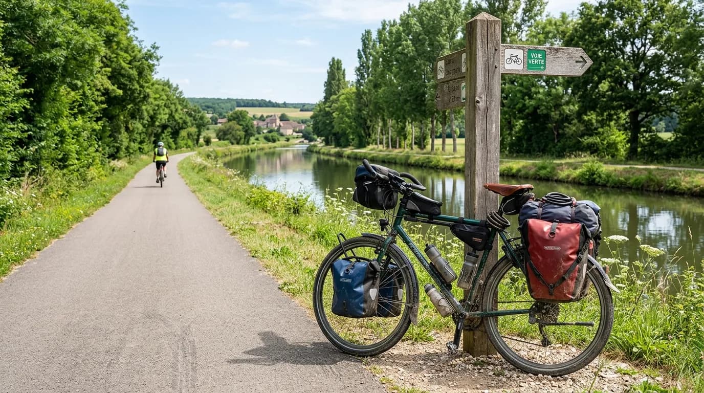 A realistic bright outdoor photo of a loaded touring bicycle leaning against a wooden signpost on a rural French cycling route. In the background, a flat paved path stretches along a calm river or can