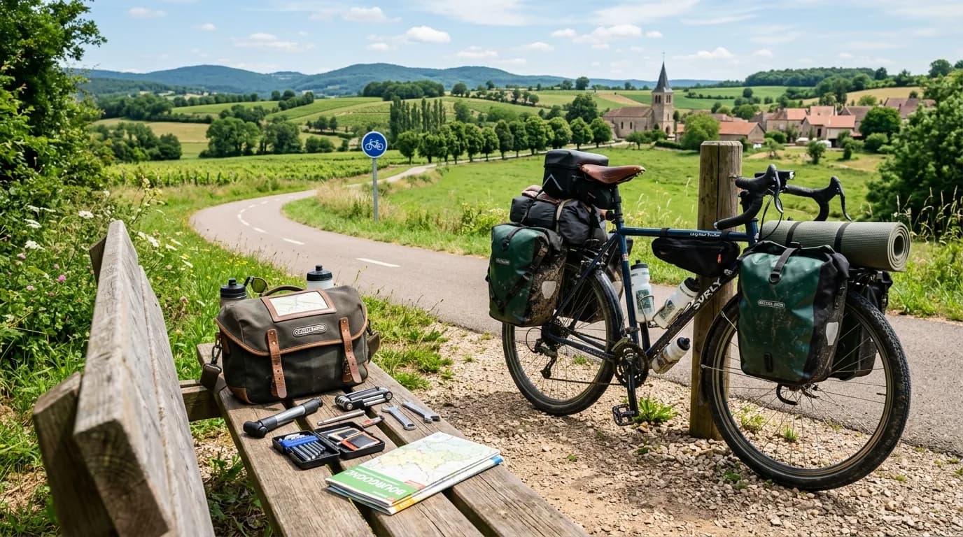 A realistic photograph of a fully loaded touring bicycle parked on a scenic bike path in the French countryside. Bright sunny day. In the foreground, a handlebar bag and tools are resting on a wooden