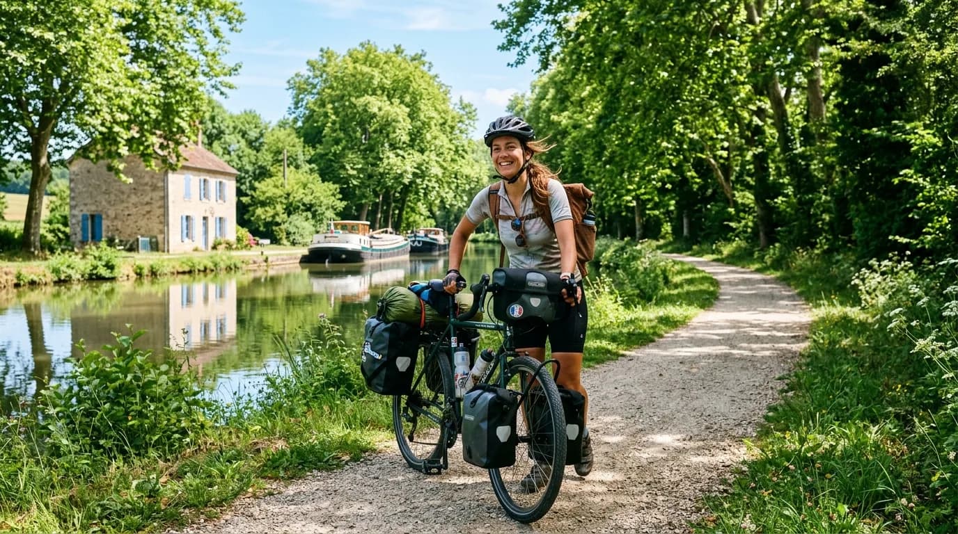 A smiling cyclist pushing a loaded touring bike along a peaceful canal path in France. Sunny day, relaxed atmosphere, cinematic, high quality, realistic photography, lush green trees.