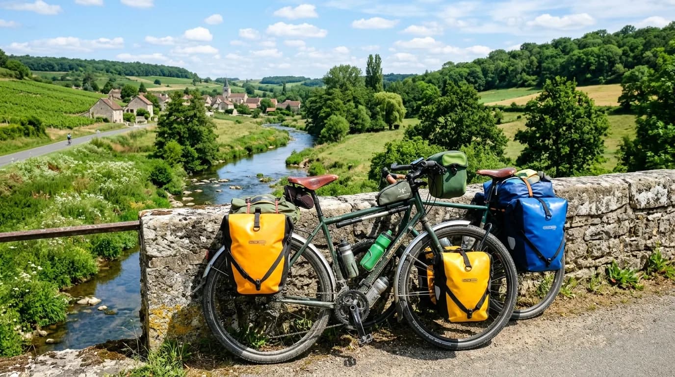 A close up on a loaded touring bicycle with colorful waterproof panniers leaning against a stone bridge in the French countryside, green landscape and small river in the background, bright sunny day,