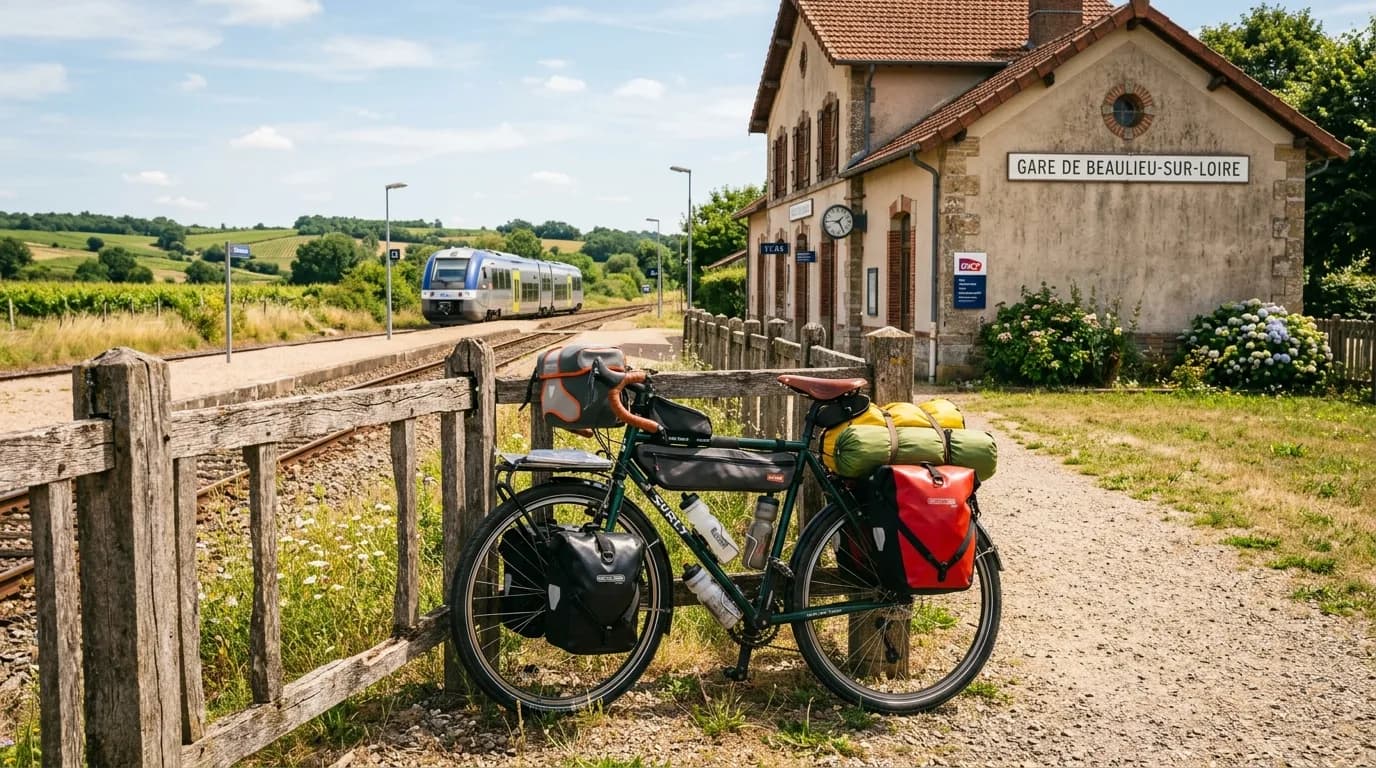 A realistic outdoor photo of a touring bicycle fully loaded with panniers leaning against a wooden fence near a small rural French train station, sunny day, warm natural lighting, no people visible.