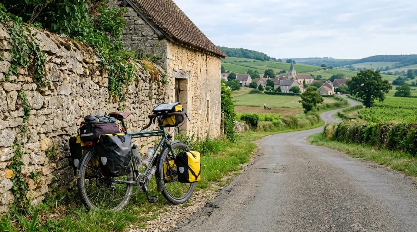 A loaded touring bicycle leaning against a rustic stone wall on a quiet country road in rural France, soft morning light, scenic landscape, realistic photography