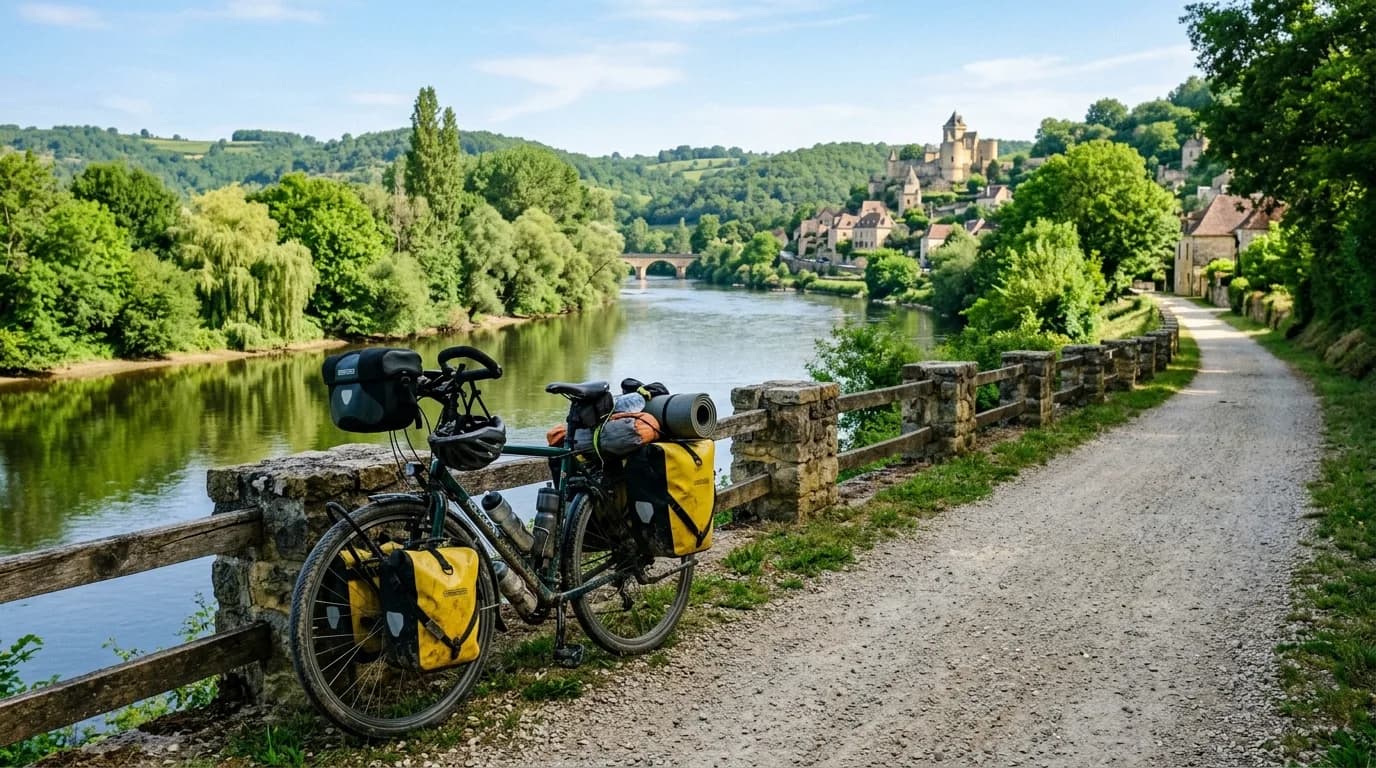 A realistic outdoor scene of a touring bicycle heavily loaded with waterproof panniers, parked next to a scenic French cycling path along a river. The morning sunlight illuminates the lush green trees
