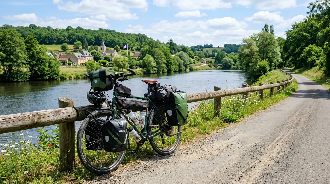 A realistic, bright photography of a loaded touring bicycle leaning against a wooden fence on a paved greenway next to a calm river in France. Sunny day, lush green trees, beautiful landscape, high qu