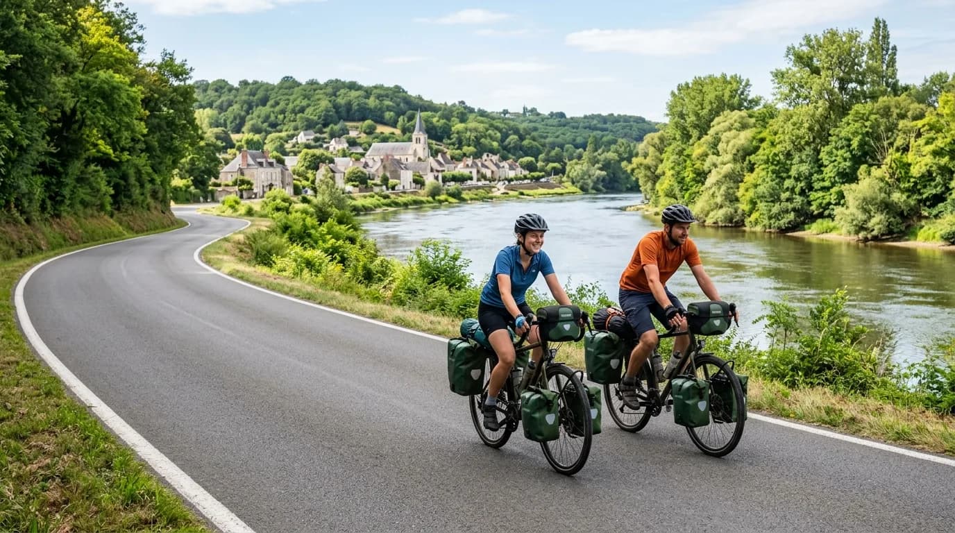 A scenic realistic photo of two cyclists riding touring bikes with panniers on a paved road alongside a river in the Loire Valley, sunny day, lush green trees, unbranded, natural lighting.