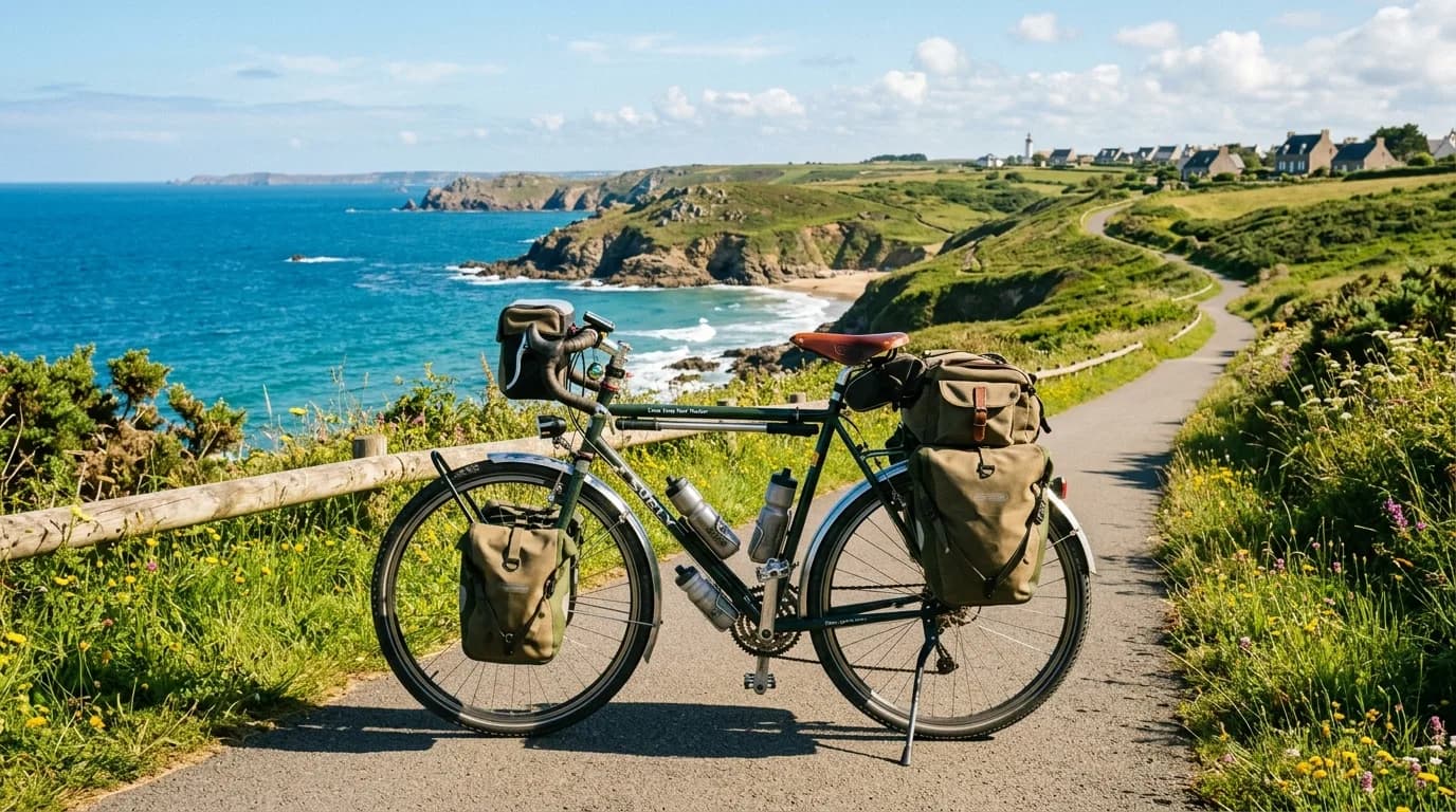 A realistic photo of a touring bicycle with minimalist canvas saddlebags parked on a sunny greenway in France, beautiful coastal landscape, no text, no faces, highly detailed travel photography, warm