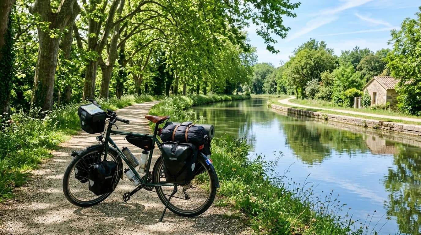Realistic photo of a fully loaded touring bike parked on a scenic greenway along a French canal, dappled sunlight, lush trees, calm water reflecting the sky, high quality, natural lighting.