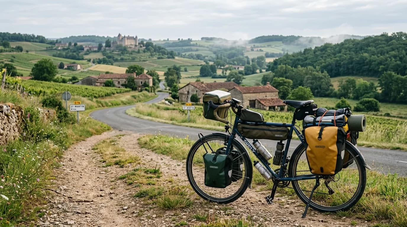 A realistic outdoor photo of a fully loaded touring bike parked on a dirt path next to a scenic French countryside road, early morning light, slightly overcast, no people in the frame.