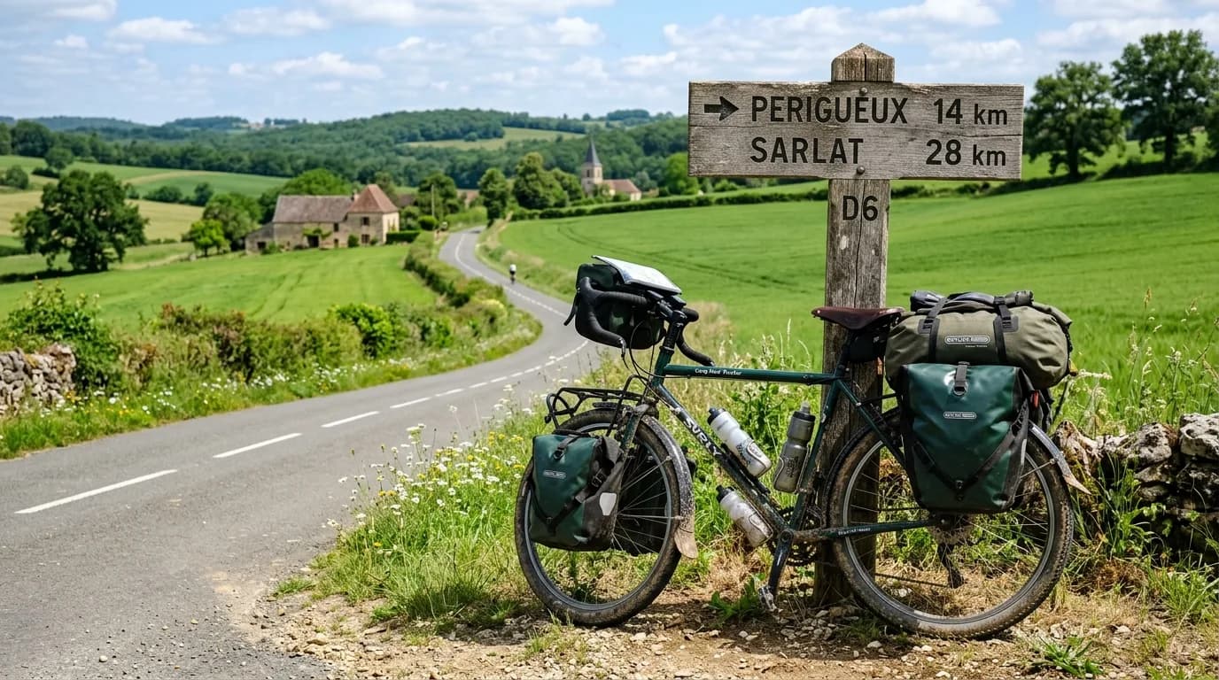 A heavily loaded touring bike leaning against a wooden signpost on a sunny rural road in France, lush green fields in the background, realistic high quality photography