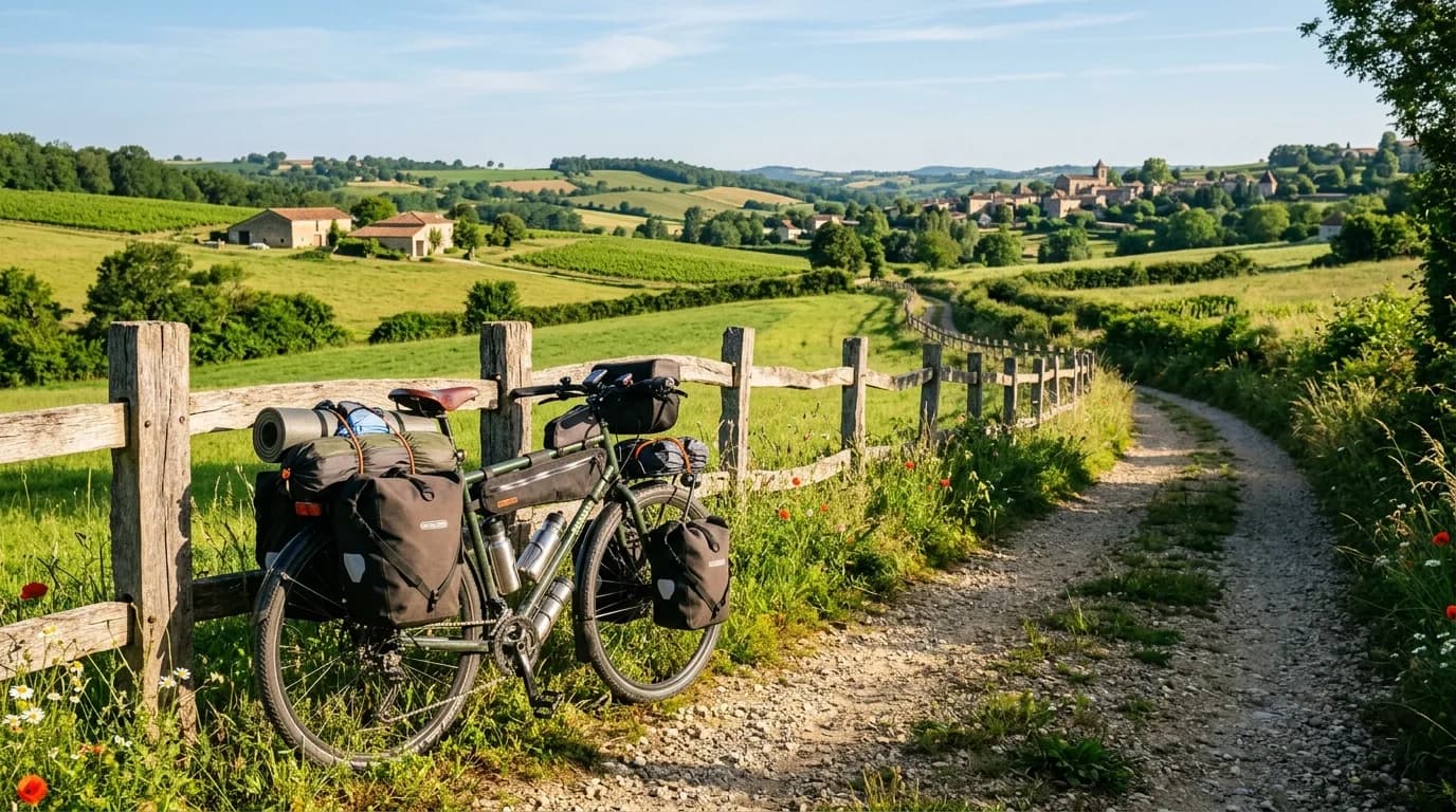 A wide realistic photo of a fully loaded touring bike resting against a wooden fence on a sunny green countryside path in France, warm morning light, no people visible, high quality photography