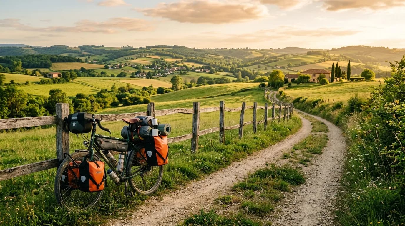 A realistic wide shot photography of a loaded touring bicycle leaning against a wooden fence on a countryside path in France during golden hour, soft warm light, rolling green hills in the background,