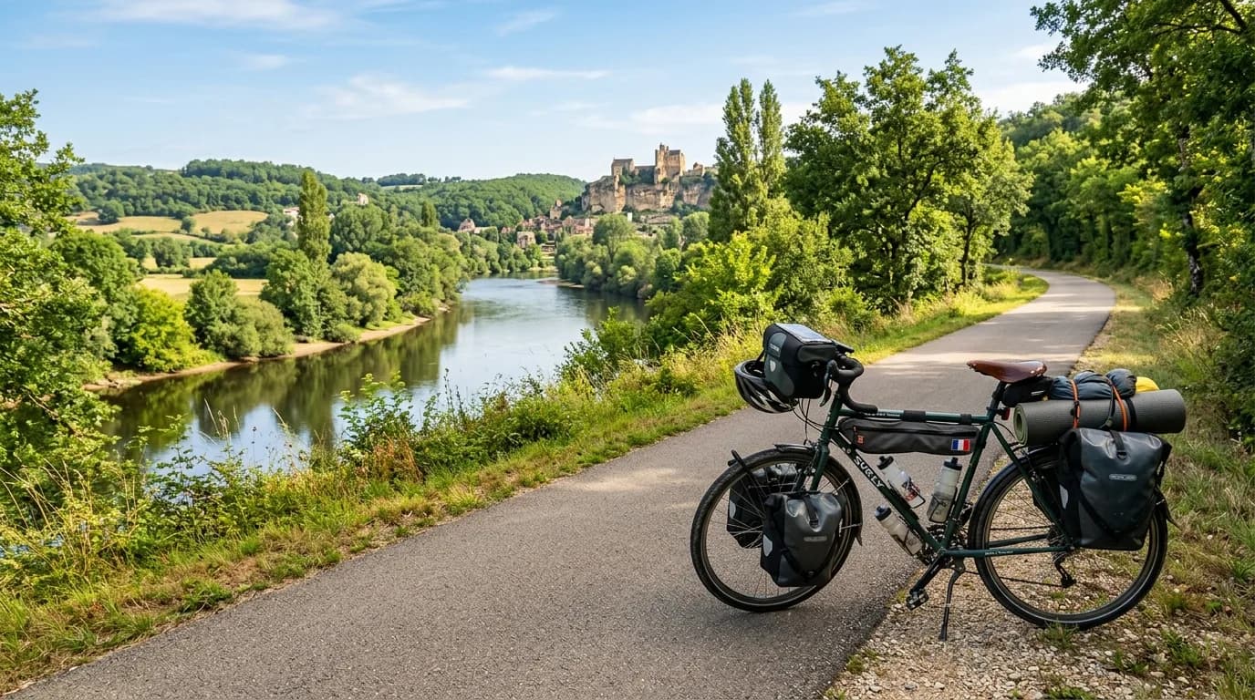 A realistic, high-quality outdoor photo of a loaded touring bicycle on a sunny, flat paved path along a scenic French river. Warm morning light, relaxed travel atmosphere, lush green nature, no text.