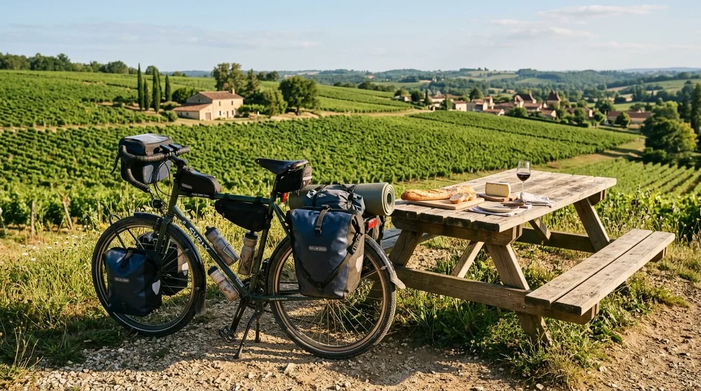 A touring bicycle fully loaded with panniers parked next to a wooden picnic table overlooking a French vineyard, a sunny afternoon, a baguette and local cheese on the table, realistic photography, war