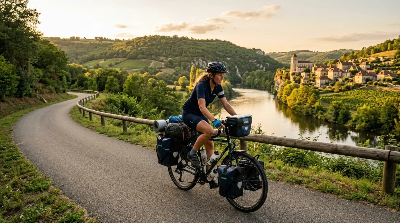 Loaded touring bicycle on a scenic French cycle path along a river, summer day, realistic photography, golden hour, scenic landscape, cycling bags.