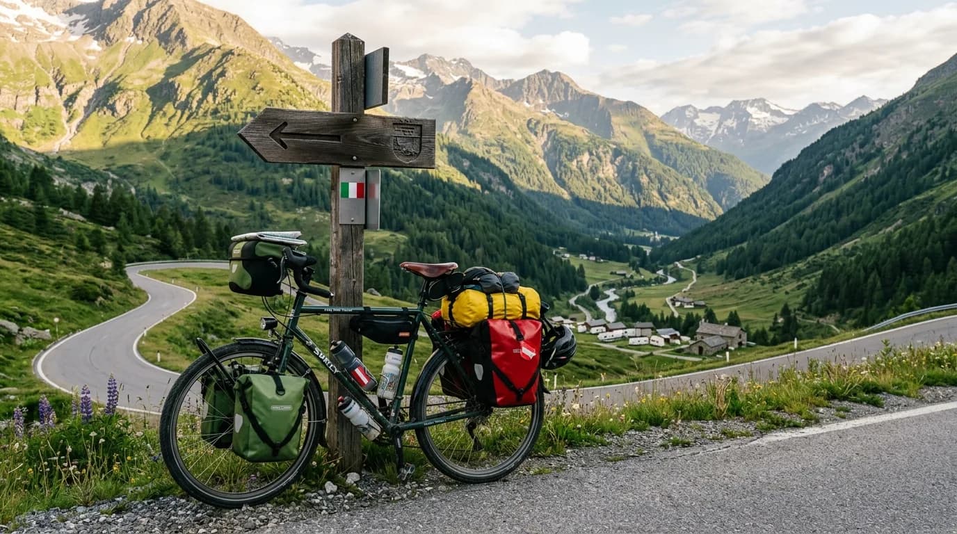 Realistic outdoor photography, wide shot of a fully loaded touring bicycle leaning against a rustic border crossing sign in a lush European mountain pass, warm morning light, cinematic travel atmosphe