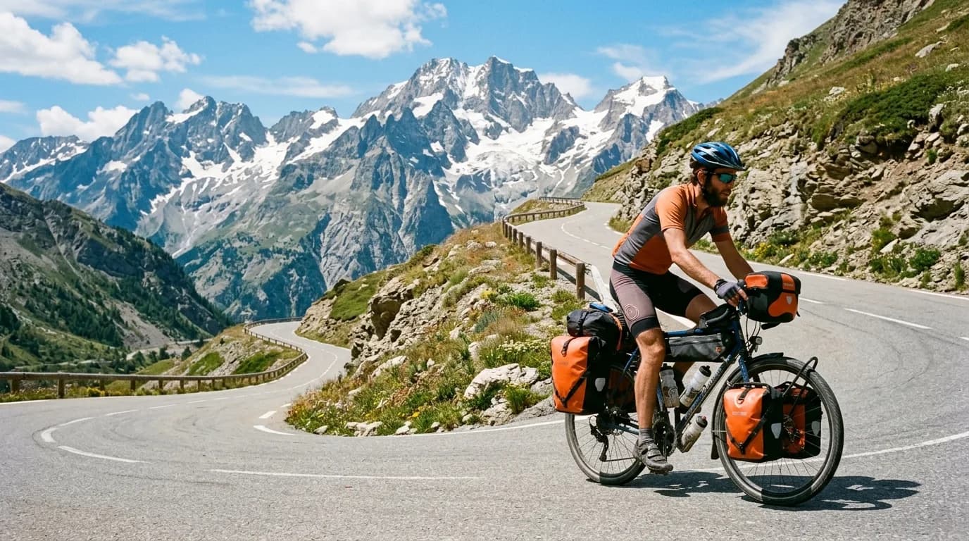 A cyclist on a touring bike loaded with panniers, riding on an asphalt mountain road in the French Alps. Snow-capped peaks in the background, blue sky, bright summer sunlight, highly realistic photogr