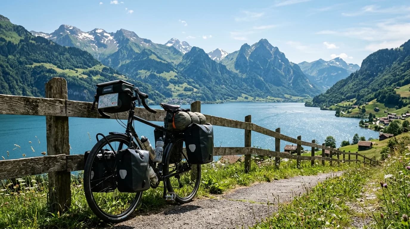 Realistic photography of a loaded touring bicycle resting against a wooden fence in Switzerland, majestic green Alpine mountains and a clear blue lake in the background, sunny summer day, bright and i