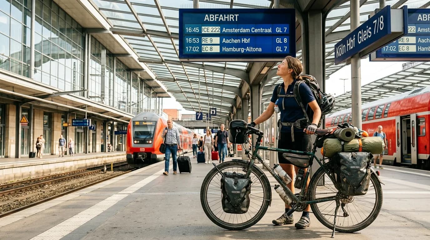 A cyclist waiting on a sunny modern train platform, a fully loaded touring bicycle with worn panniers next to them, looking at a departure board, realistic documentary photo style, European station co