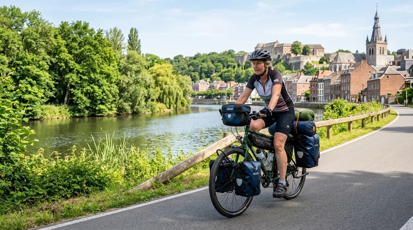 Realistic photo of a touring bicycle fully loaded with panniers on a paved cycle path next to a calm river in Belgium, sunny day, lush green trees, historic brick buildings in the background, bright l