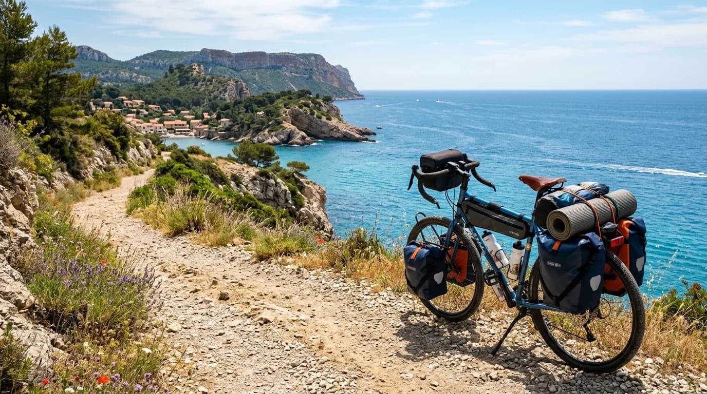 Realistic photography of a loaded touring bicycle resting on a coastal path overlooking the blue Mediterranean sea in southern France, sunny day, scenic coastline, no text.