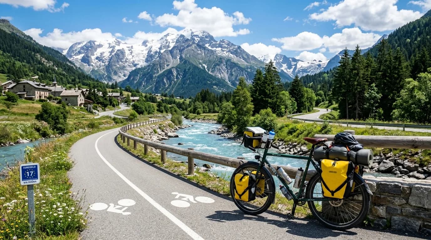 A touring bicycle fully loaded with panniers parked next to a clear blue river, paved bike lane, French Alps in the background, realistic photography, sunny summer day, vibrant colors.