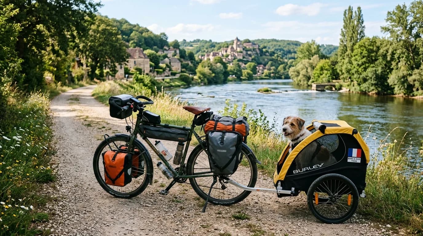 Realistic outdoor photography of a touring bicycle equipped with panniers and a dog trailer parked on a scenic French path next to a river, sunny day, natural lighting.