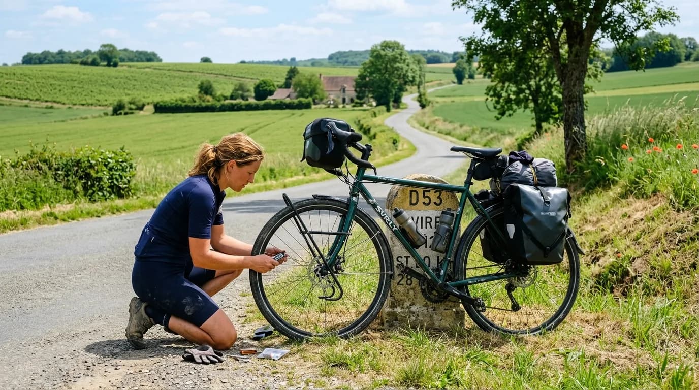 Realistic candid photography of a touring bicycle leaning against a milestone on a sunny French country road, a cyclist is kneeling next to the front wheel holding a small toolkit, lush green fields i