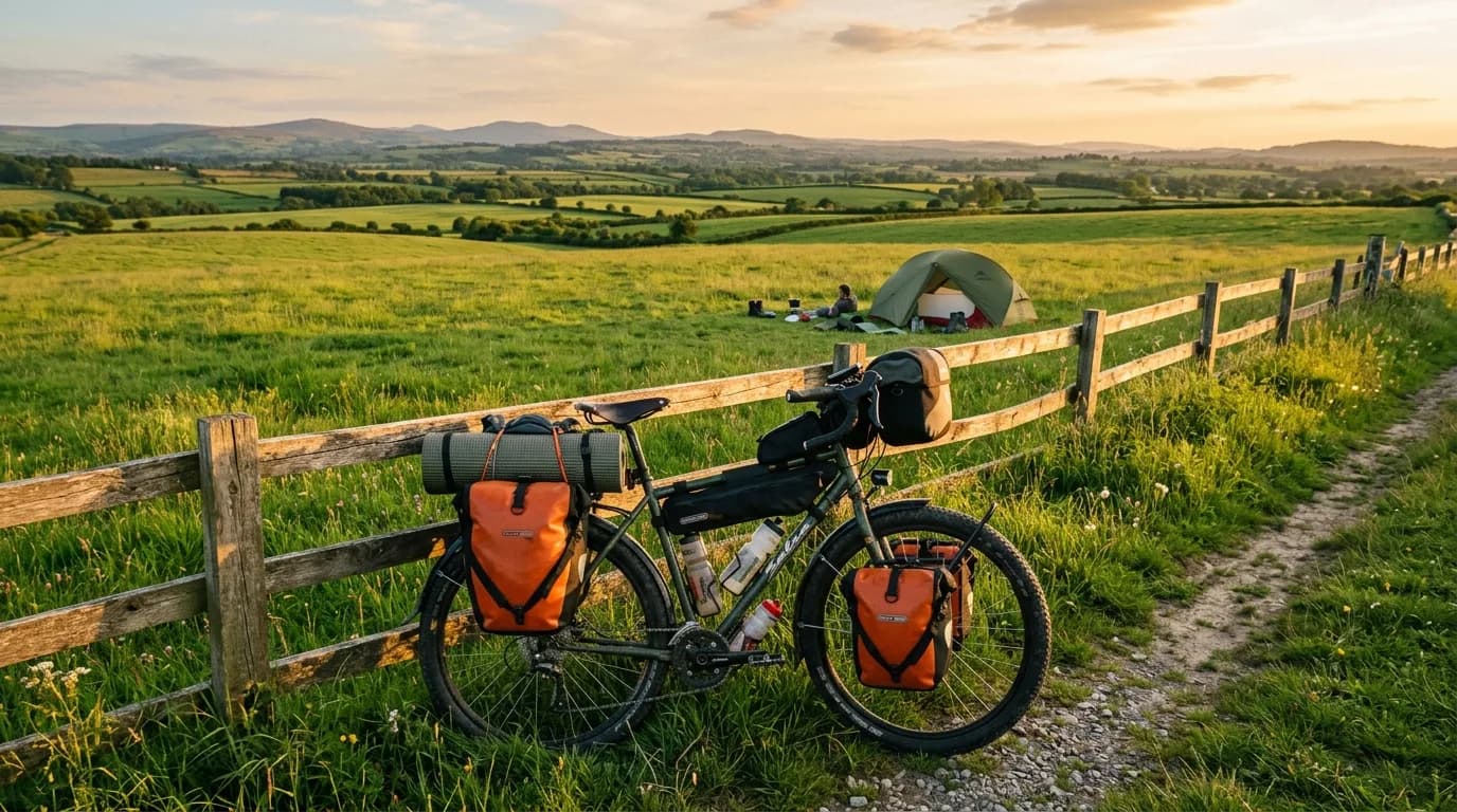 A fully loaded touring bicycle resting against a wooden fence near a vast green meadow at golden hour, a small tent pitched in the background, realistic photography, warm lighting
