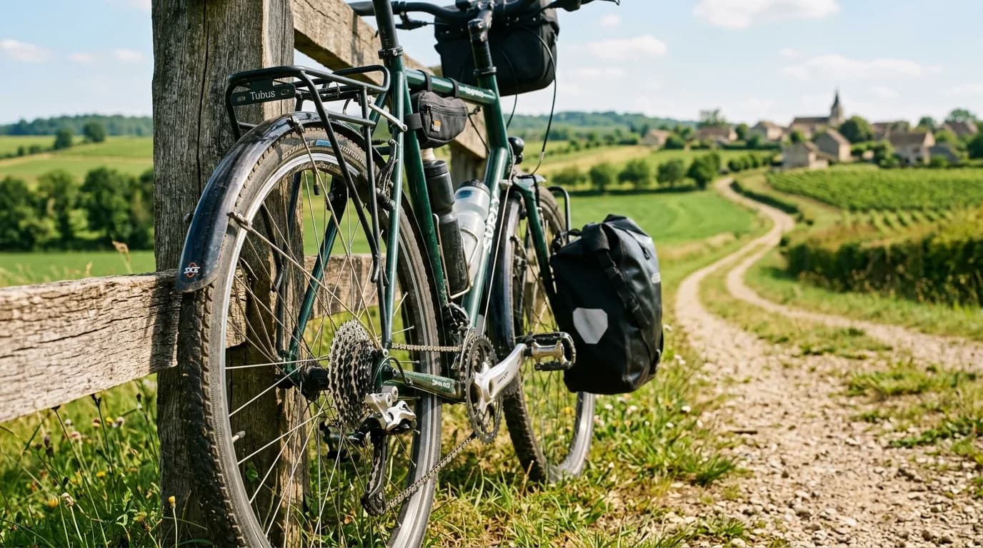 A realistic eye-level shot of a loaded touring bicycle leaning against a wooden fence in the French countryside. The focus is on the shiny, well-maintained rear derailleur and cassette, with scenic gr