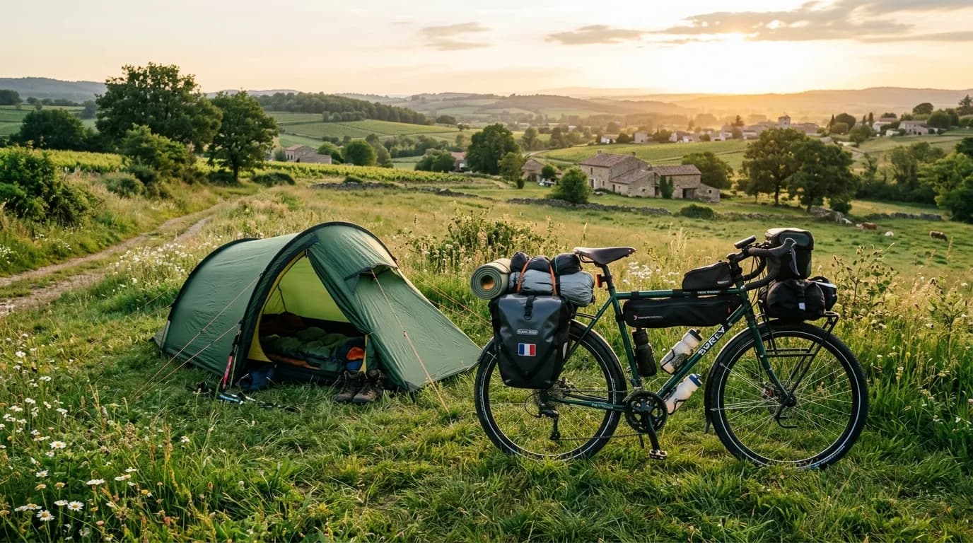 Real photo of a touring bicycle fully loaded with bikepacking bags and panniers parked next to a small green camping tent in a lush French countryside meadow, golden hour lighting, peaceful outdoor at