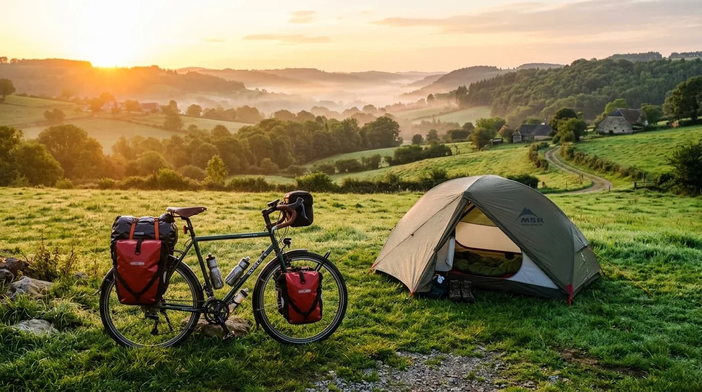 A touring bicycle fully loaded with waterproof panniers parked next to a small dome tent in a scenic lush green field at sunrise, mist in the valley, French countryside, realistic outdoor photography,