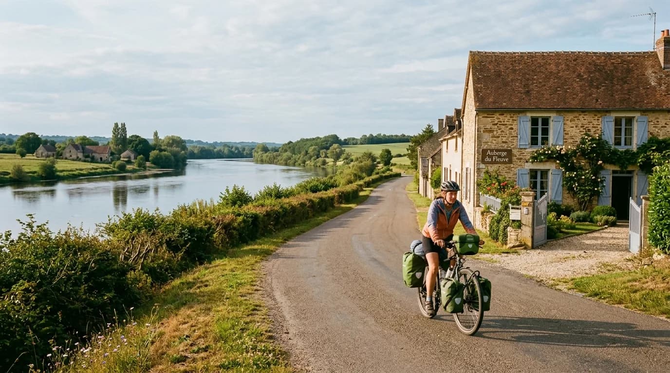 A touring cyclist with panniers riding on a quiet paved road along the Loire river in France, approaching a welcoming rustic house, warm afternoon sunlight, highly realistic documentary photography