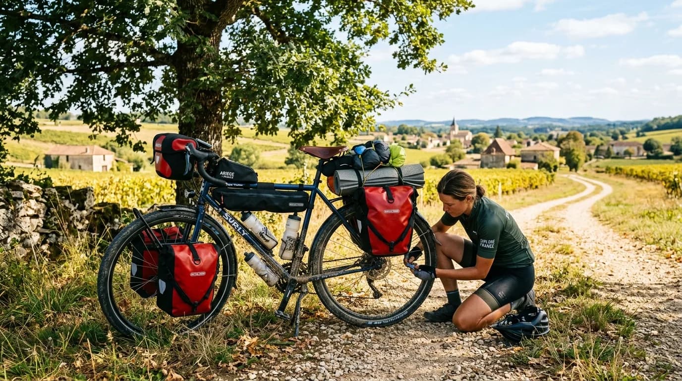 A loaded touring bicycle parked under a tree on a sunny countryside path in France, rider kneeling down to inspect the bicycle chain, realistic adventure photography, vibrant colors.