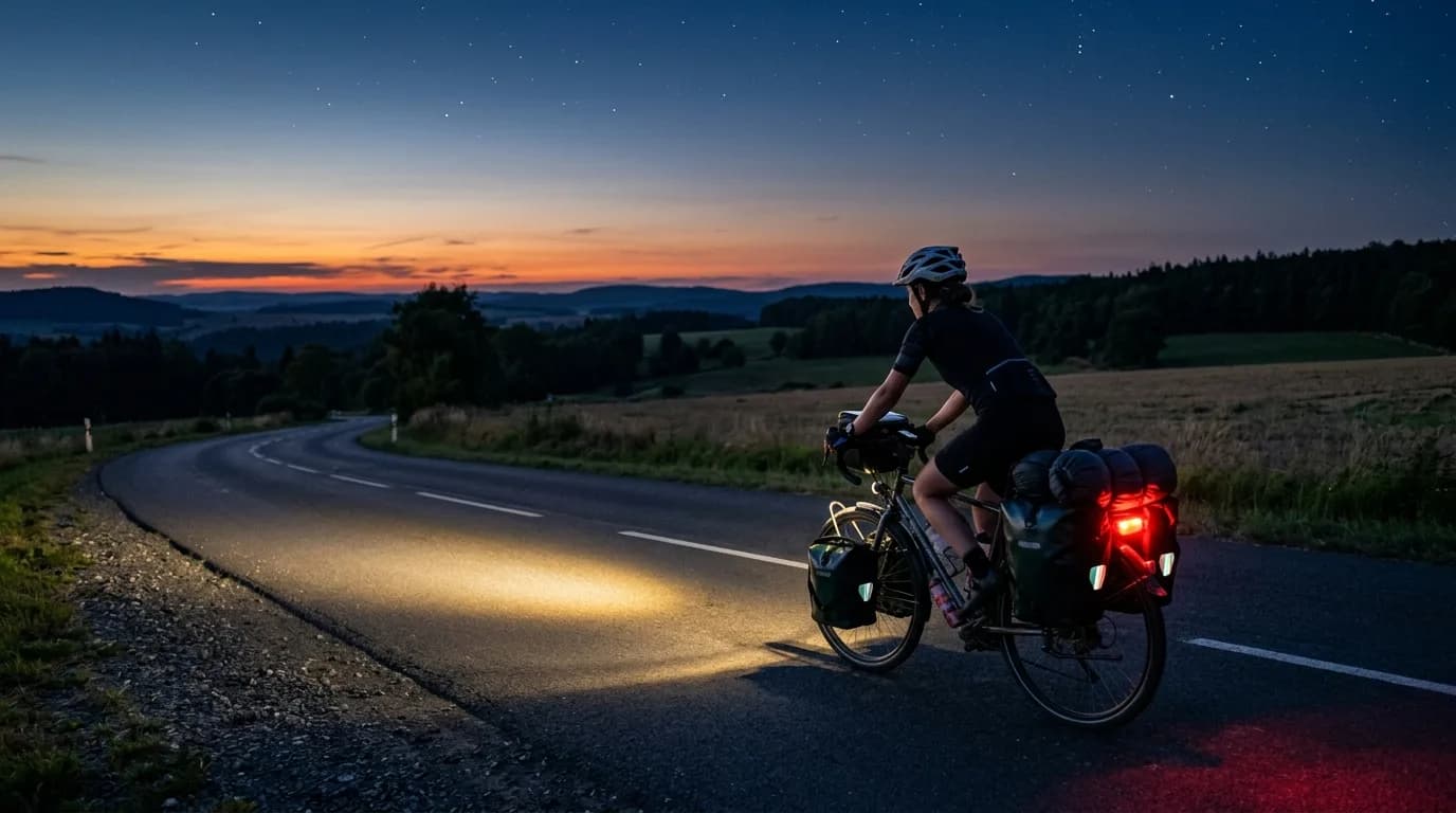 A cyclist riding a heavily loaded touring bike on a rural asphalt road at dusk, warm sunset light fading into night, glowing front headlight illuminating the road, rear red light visible, starry sky s
