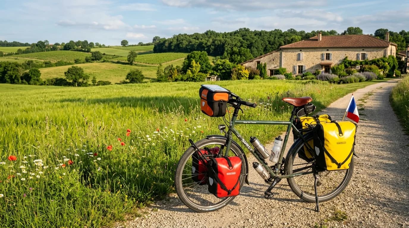 A realistic shot of a touring bicycle loaded with colorful panniers parked near a lush green field in the French countryside, warm afternoon sunlight, high quality photography.
