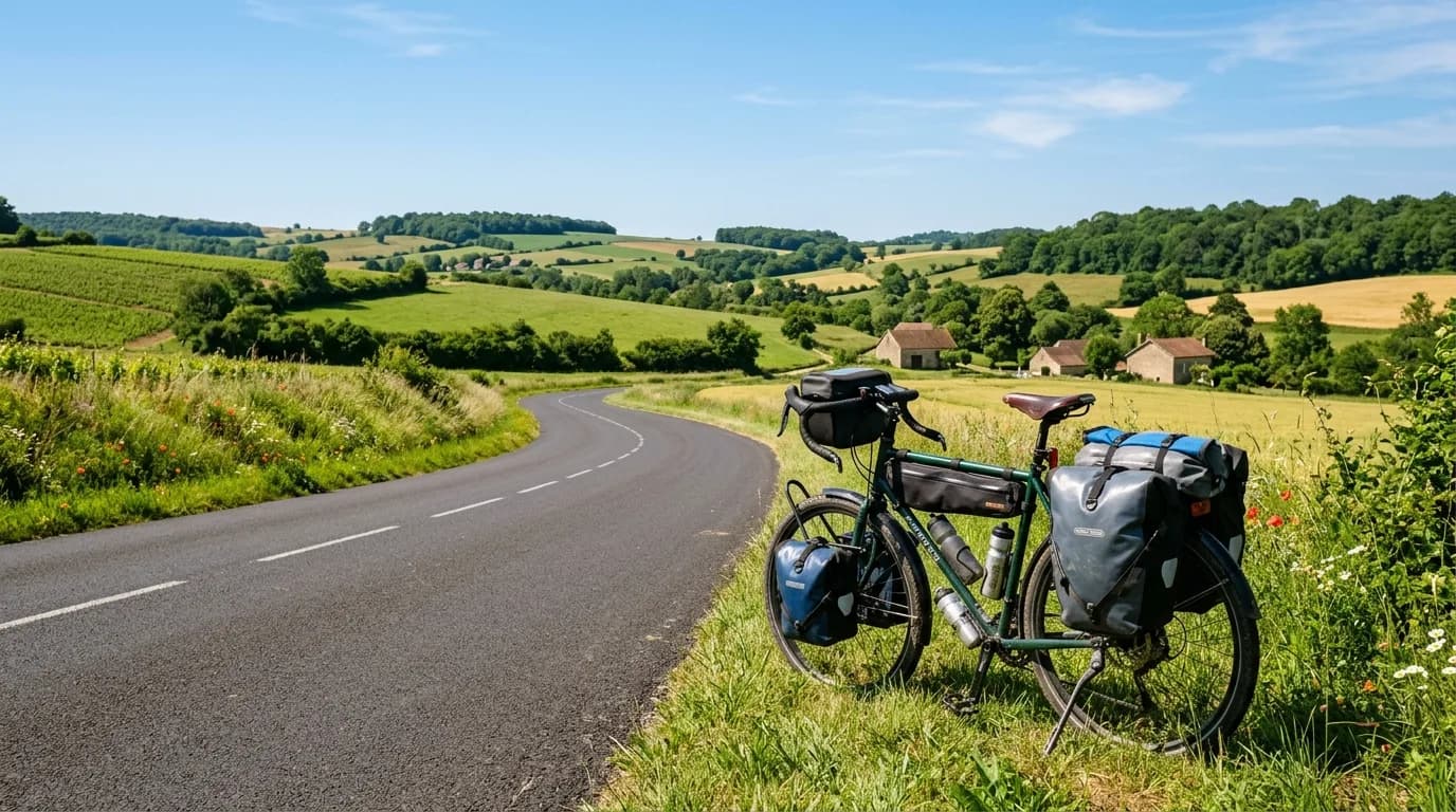 Bright sunny day on a French countryside road. A fully loaded touring bicycle rests safely on the grassy shoulder next to a tarmac road. The scenery features rolling hills, distant trees, and a clear