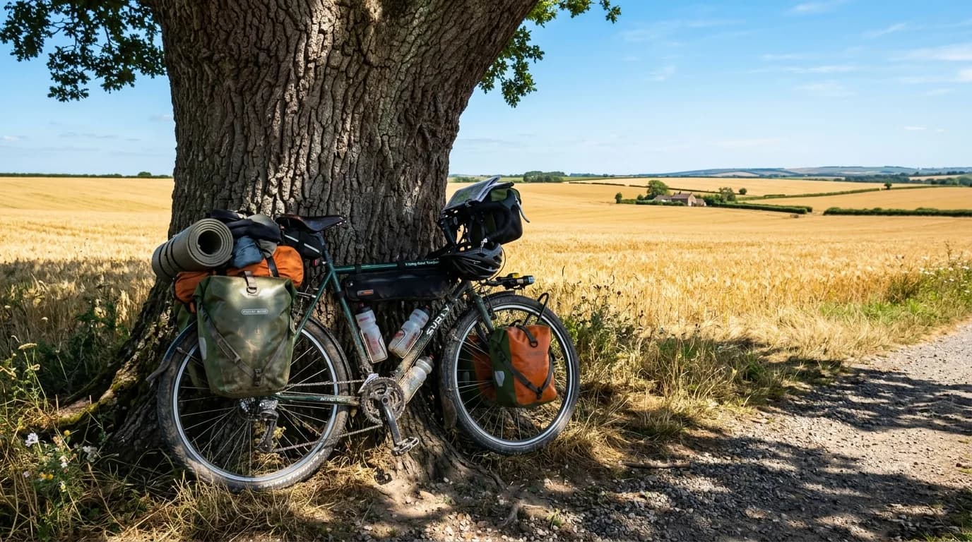 A heavily loaded touring bicycle leaning against a large oak tree providing deep shade on a bright, hot summer day, endless golden wheat fields in the background under a clear blue sky, realistic trav
