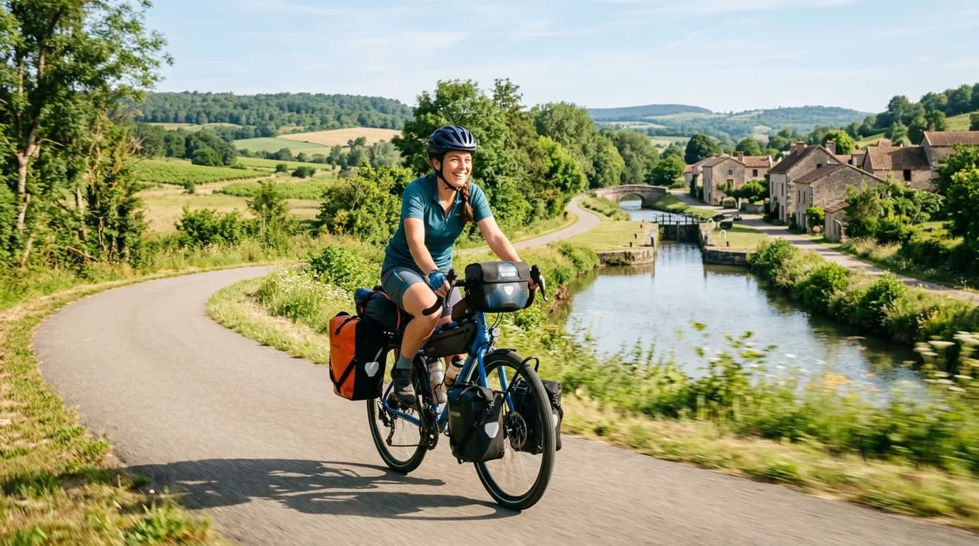A happy cyclist riding a loaded touring bike on a smooth greenway next to a canal in France, relaxed posture, scenic landscape, realistic lifestyle photography, bright morning light.
