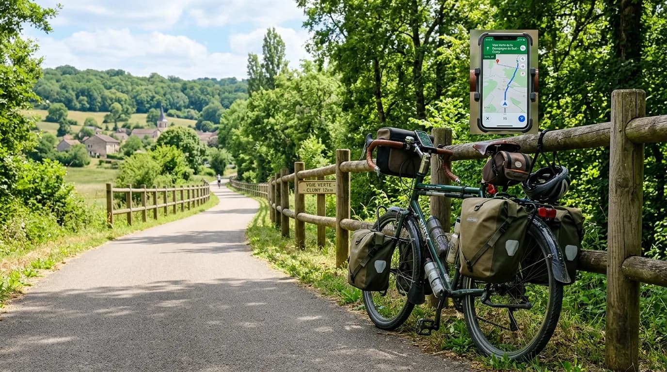 A realistic photo of a loaded touring bicycle leaning against a wooden fence on a scenic French greenway, a smartphone mounted on the handlebars showing a map, sunny day, lush green trees.