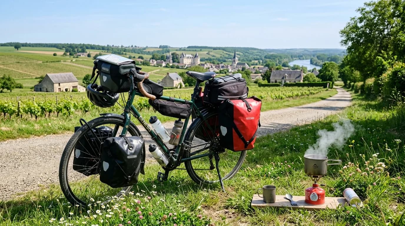 A realistic, sunny outdoor photo of a loaded touring bicycle parked next to a small camping stove boiling water in a serene French countryside setting, like the Loire Valley, clear details, no text.
