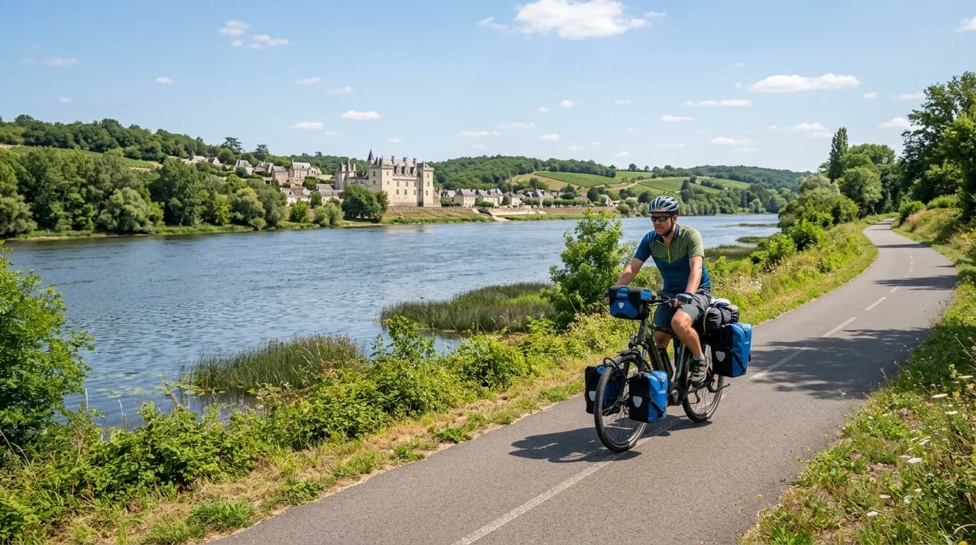 A wide shot of a cyclist riding a loaded e-bike with front and rear panniers on a paved cycle path along the Loire river, sunny summer day, realistic travel photography.