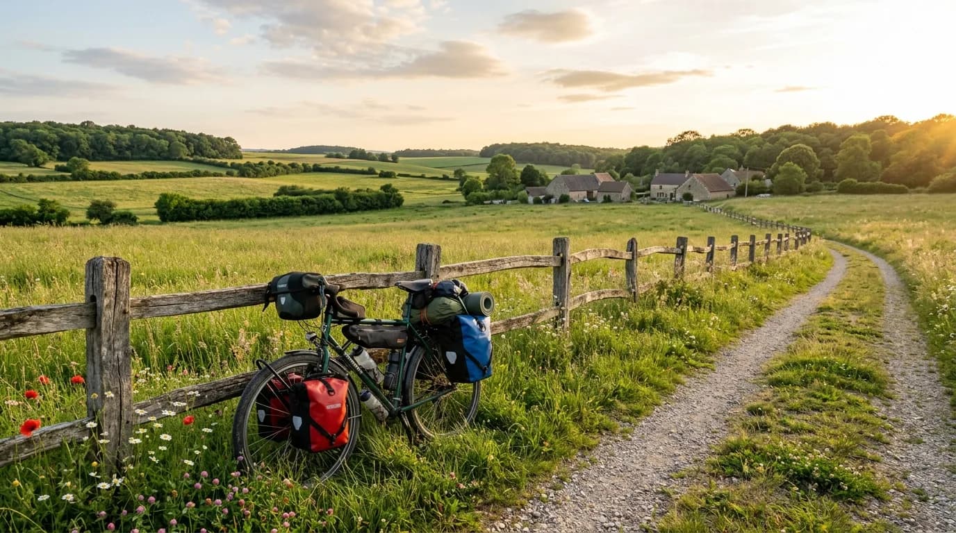 A realistic wide shot of a fully loaded touring bicycle leaning against a wooden fence near a vast green meadow in the French countryside, warm late afternoon sunlight, scenic and peaceful atmosphere,