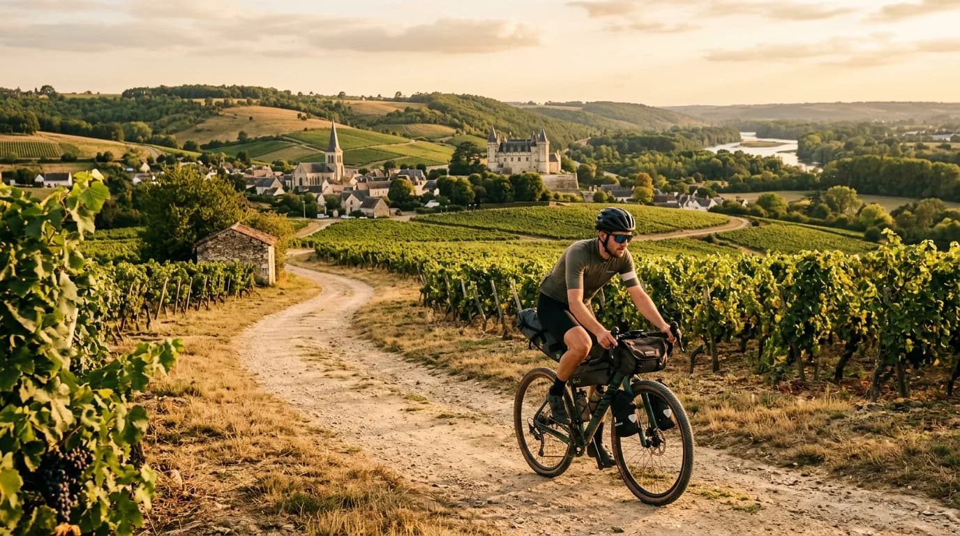 A cyclist riding a gravel bike loaded with bikepacking bags on a scenic dirt road in the Loire Valley, France. Golden hour lighting, vineyards in the background, realistic outdoor travel photography,