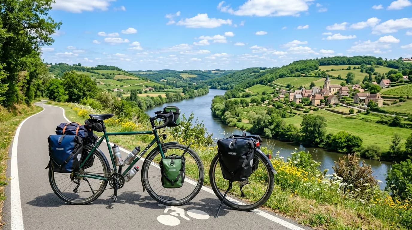 Realistic photography of a touring bicycle with waterproof panniers parked on a scenic véloroute in the French countryside during a bright, sunny day. Green hills and a river in the background, natura