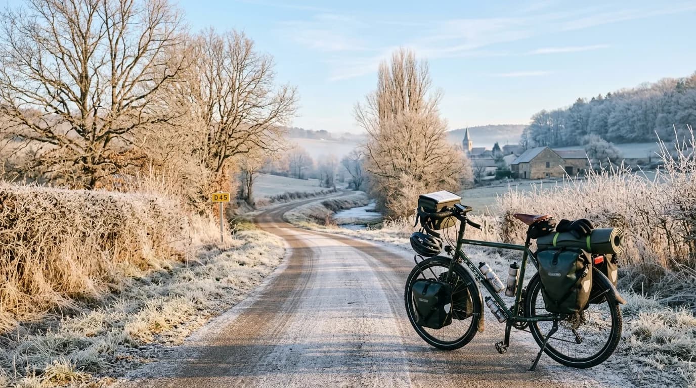 Realistic photo of a fully loaded touring bike parked on a quiet frost-covered countryside road in France during winter, bright crisp morning light, warm tones, beautiful leafless trees, high quality