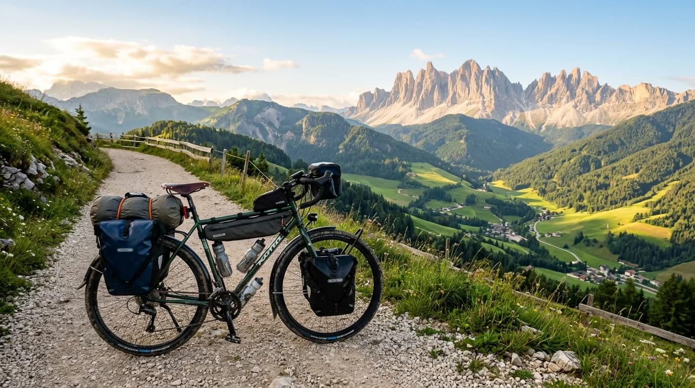 A realistic photo of a fully loaded touring bicycle parked on a gravel path overlooking a stunning European landscape, warm morning light, no people visible, bright and inspiring atmosphere.