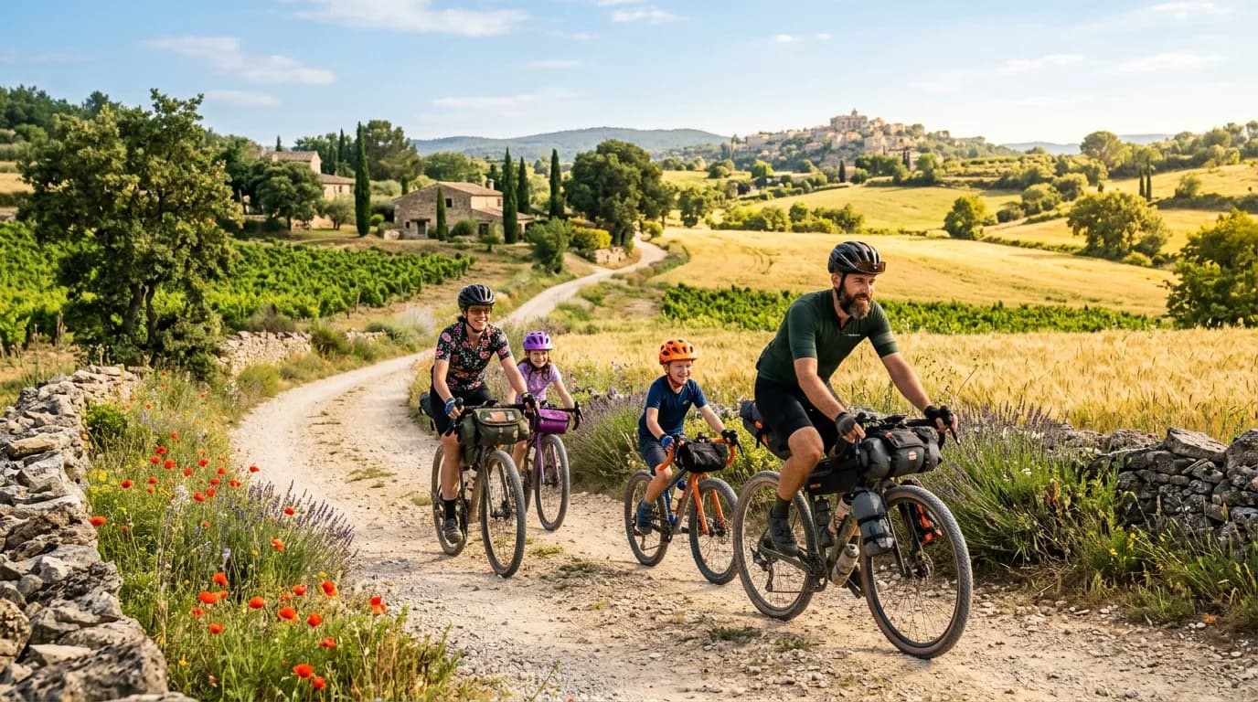 A family riding gravel bicycles equipped with bikepacking bags on a dirt path in a sunny French countryside, realistic outdoor photography, warm light, vibrant nature