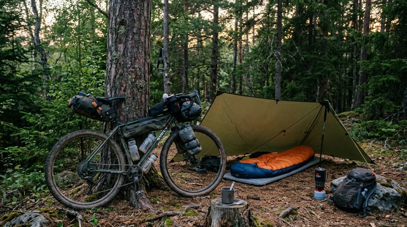 Realistic photo of a bikepacking setup in a forest clearing at dusk. A loaded gravel bike leans against a tree near a minimalist tarp shelter and a sleeping bag. Warm natural light, authentic outdoor