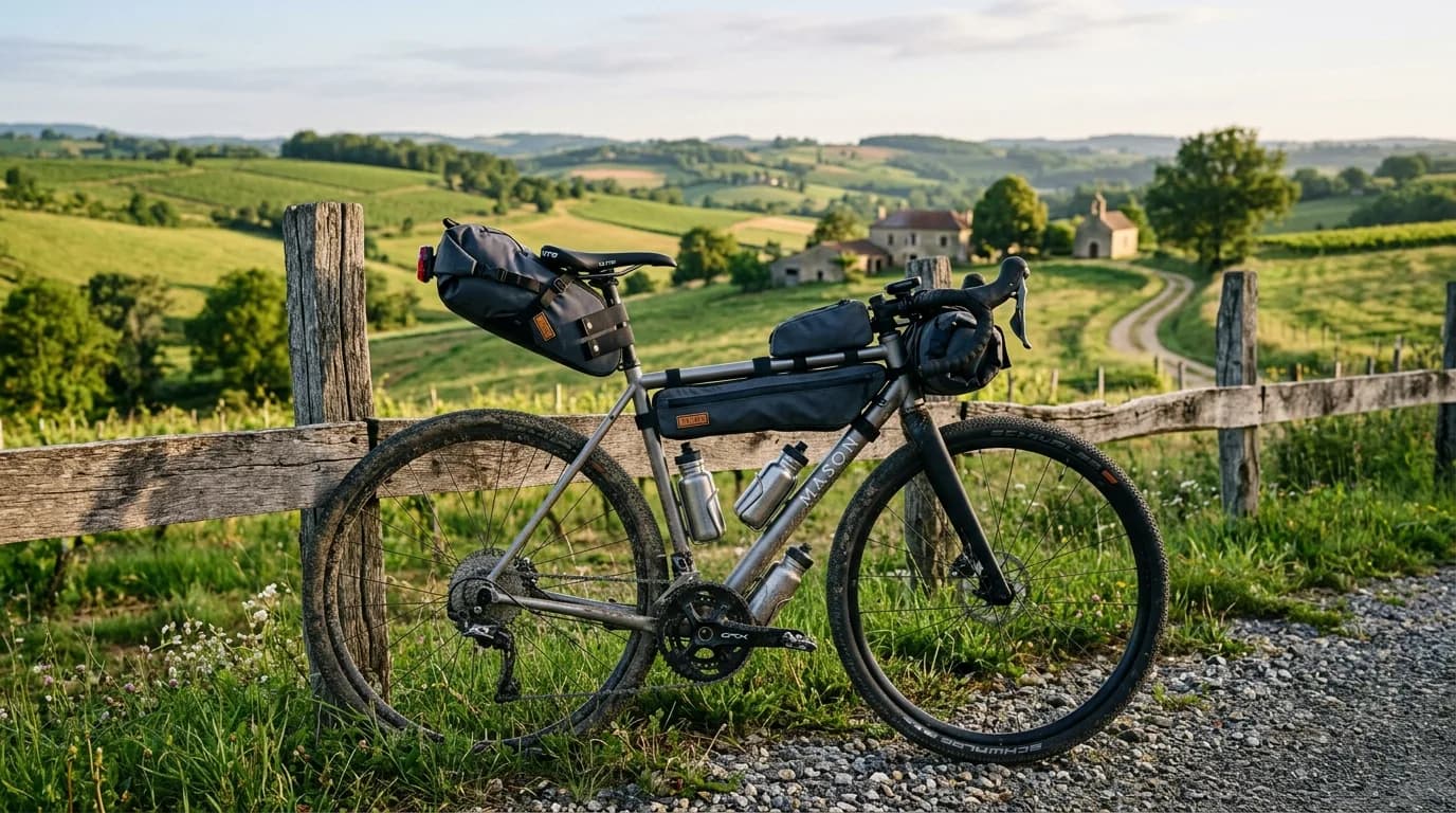 A highly realistic photograph of a fully equipped lightweight bikepacking gravel bike leaning against a wooden fence in the French countryside, early morning golden light, rolling green hills in the b